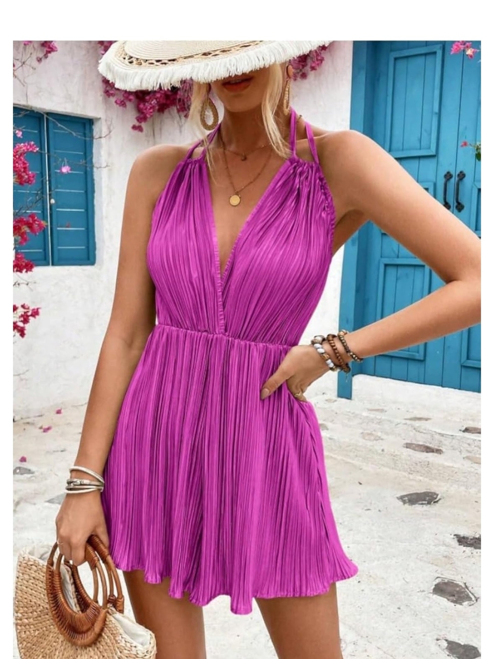 Magenta Halter Plunging Pleated Mini Dress